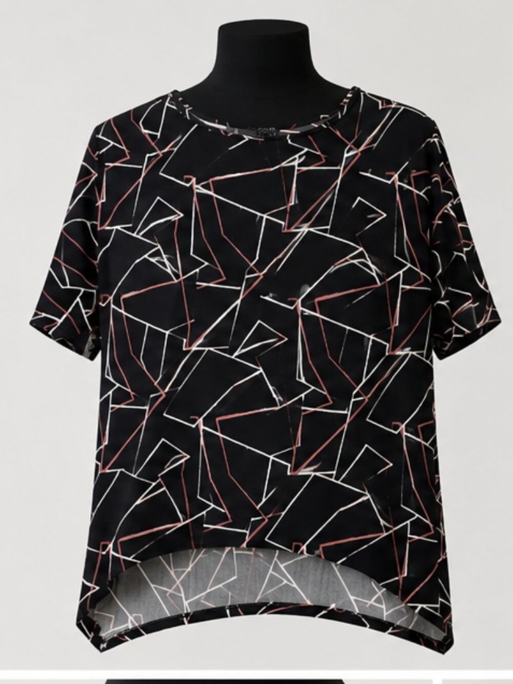Clara Sun Woo Top Shirt Blouse  Stretchy Black Gray Tan Geometric Print XS